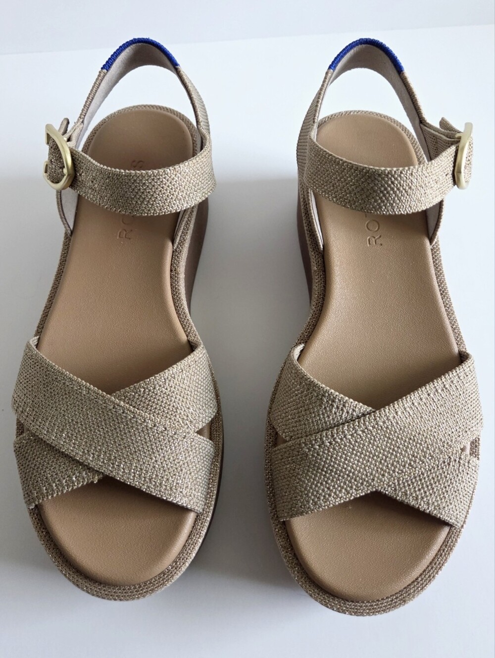 Rothy's Criss-Cross Metallic Gold/ Tan & Camel Platform Sandals, Size 6 - Picture 14 of 16